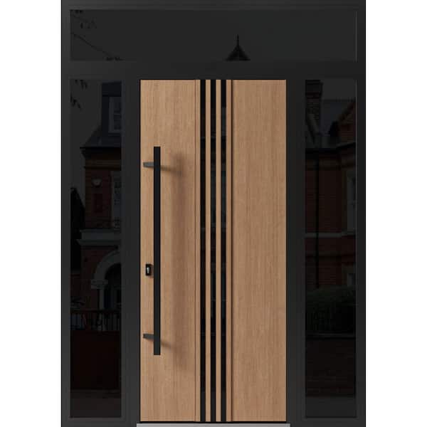 VDOMDOORS 1055 60 in. x 96 in. Right-hand/Inswing 3 Sidelight Tinted Glass Teak Steel Prehung Front Door with Hardware