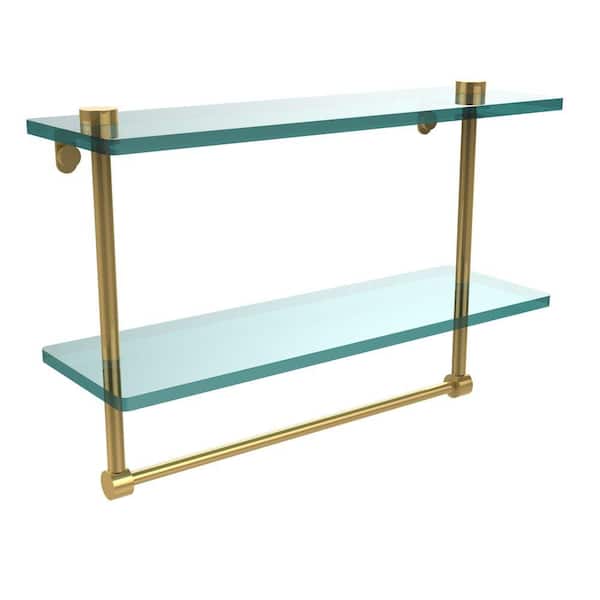 Allied Brass 16 in. L x 12 in. H x 5 in. W 2-Tier Clear Glass Vanity Bathroom Shelf with Towel Bar in Polished Brass