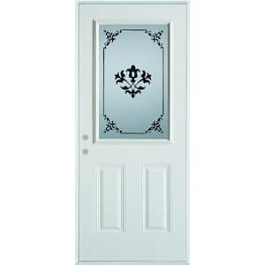32 in. x 80 in. Silkscreened Glass 1/2 Lite 2-Panel Painted White Steel Prehung Front Door