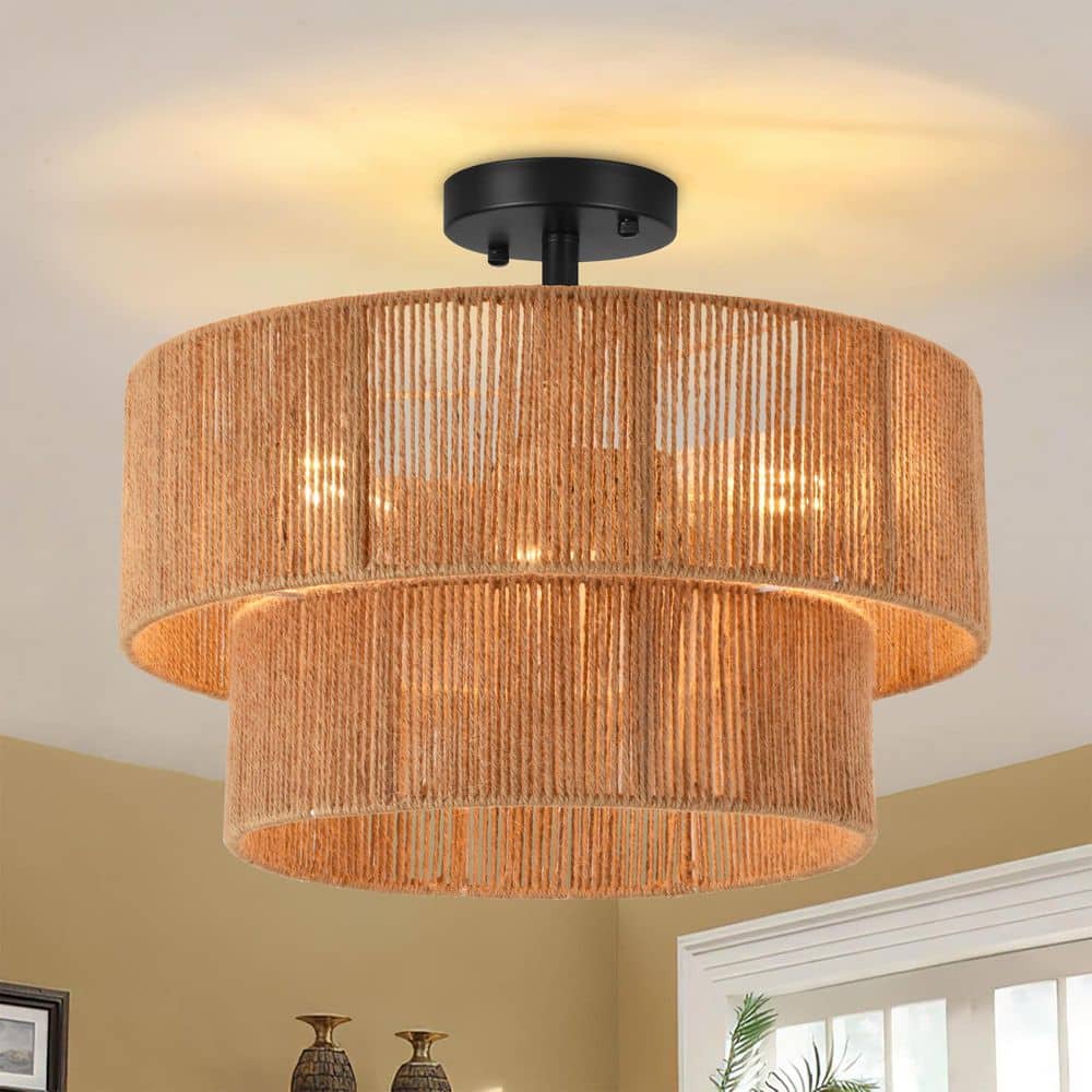 17.7 in. 3-Light Rattan Bohemian 2-Tiered Drum Semi-Flush Mount Ceiling Light price history on PriceWatchPro