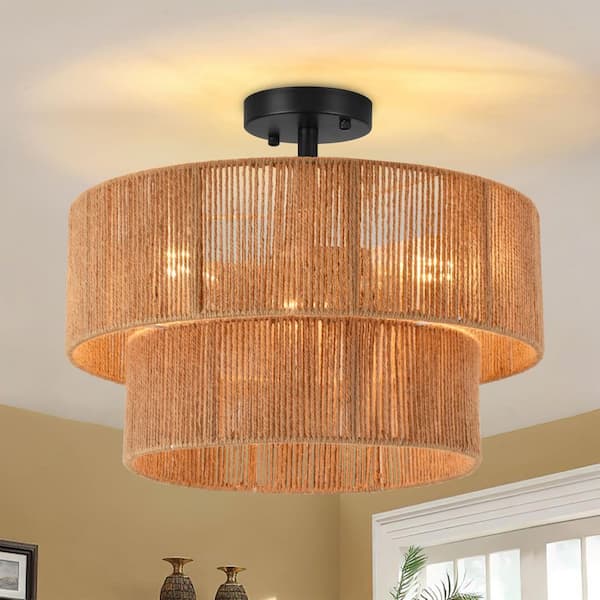 17.7 in. 3-Light Rattan Bohemian 2-Tiered Drum Semi-Flush Mount Ceiling Light