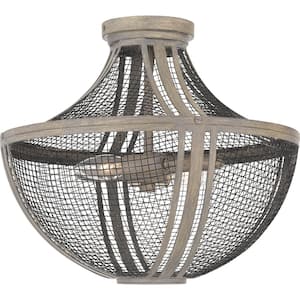 Hallie 15.25 in. 2-Light Distressed Grey Wood Semi-Flush Mount