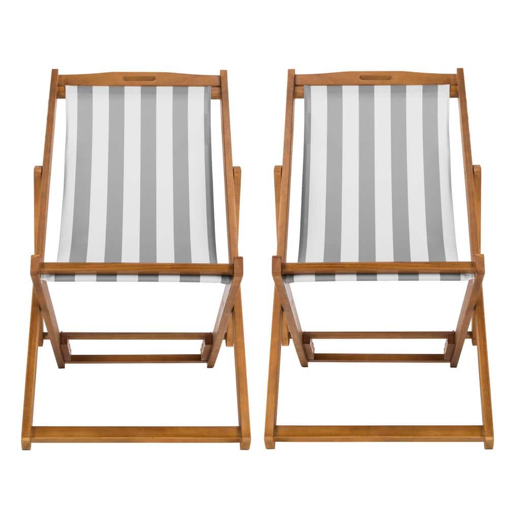 Loren Natural Teak and Grey Stripe Foldable Sling Chair Set