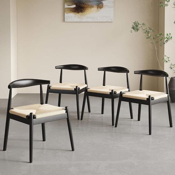 Black-beige Solid Wood Woven Dining Room Chair (Set of 2)