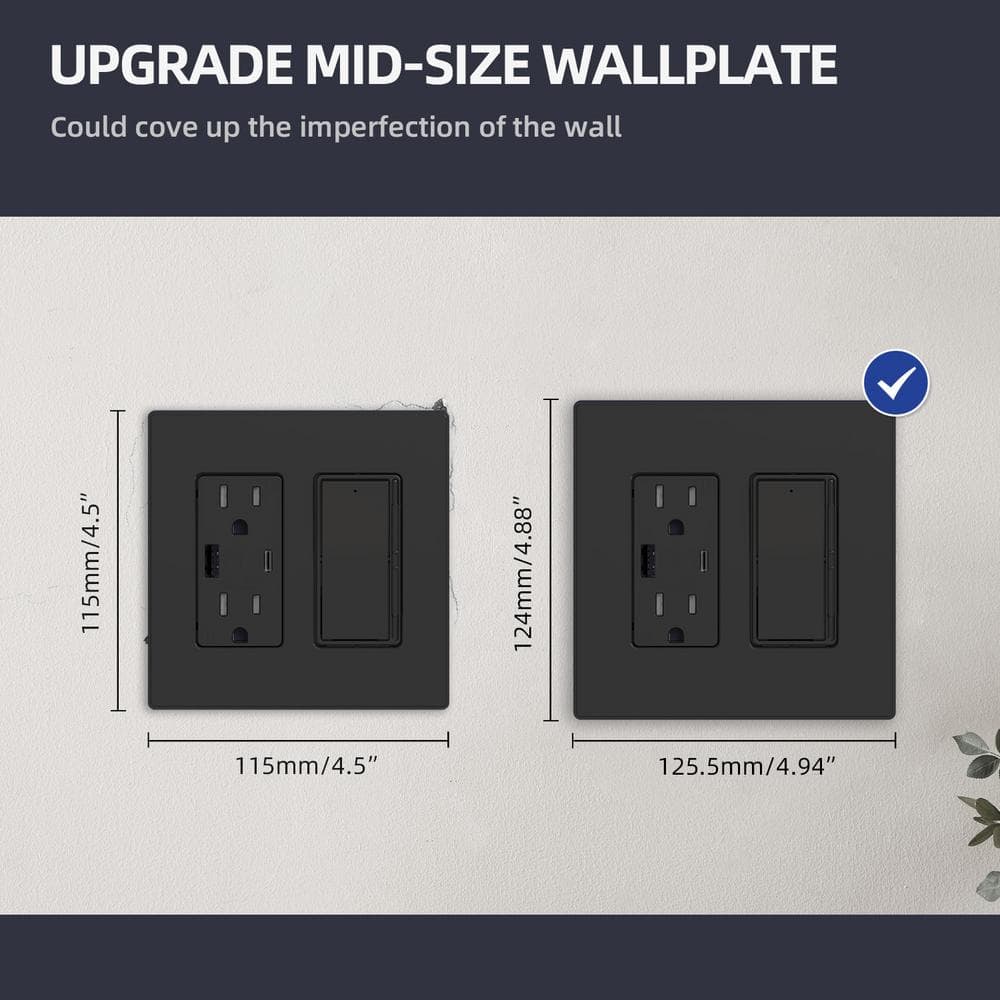 Matte Black 2-Gang Screwless Decorative Wall Plates, Mid-Size