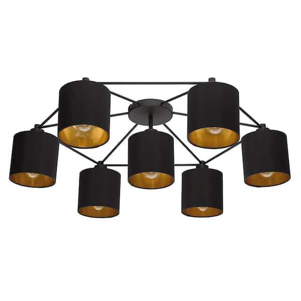 Eglo Staiti 33.07 in. W x 9.5 in. H 7-Light Black/Gold Semi-Flush Mount with Metal Cylinder Shades