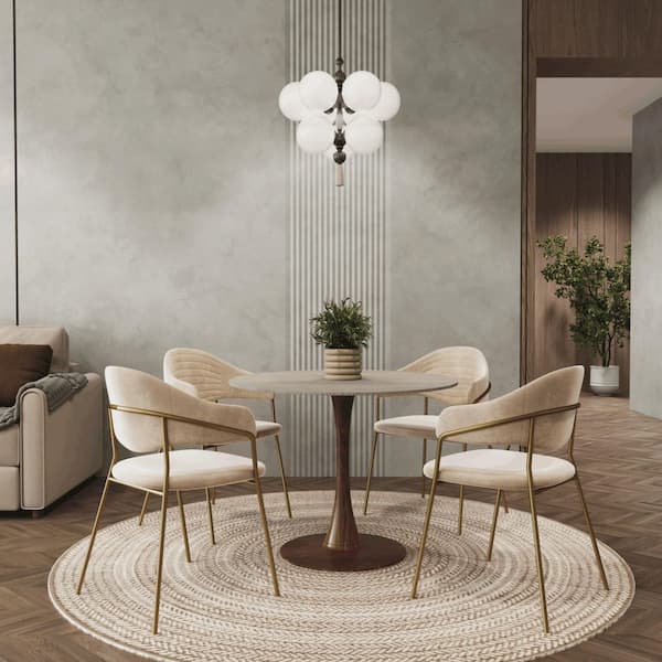 Bristol 27 in. Round Dining Table with Sintered Stone Top and Walnut Steel Pedestal Base in Natural Wood