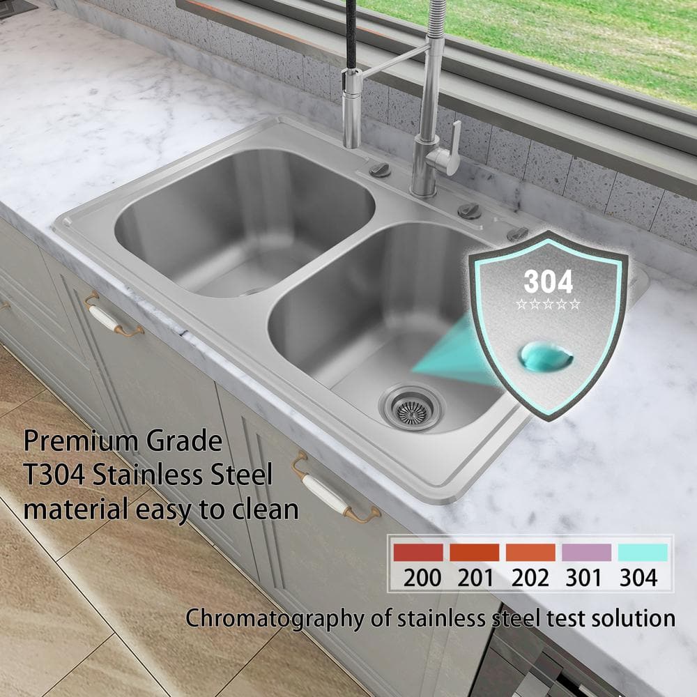 Sinber 33" Stainless Steel Double Bowl Drop-In Kitchen Sink