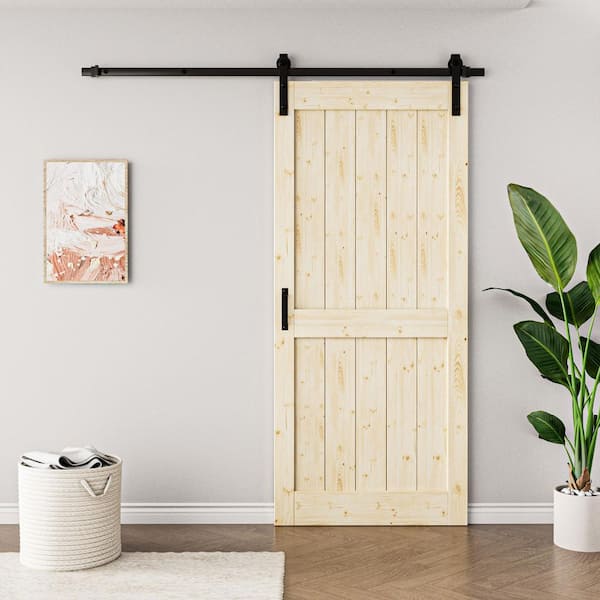 36 in. x 84 in. Paneled H Shape Solid Core Pine Unfinished Wood Sliding Barn Door Slab with Hardware Kit and Soft Close