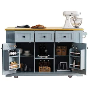 Oasis Blue Wood 53 in. Kitchen Island with Drop Leaf, Power Outlet, Door Internal Storage Rack, Kitchen Storage Cart