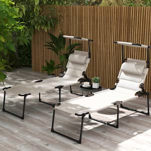 2-piece White Metal Adjustable Backrest Folding Outdoor Lounge Chair with Sunshade Roof & Pillow Headrest