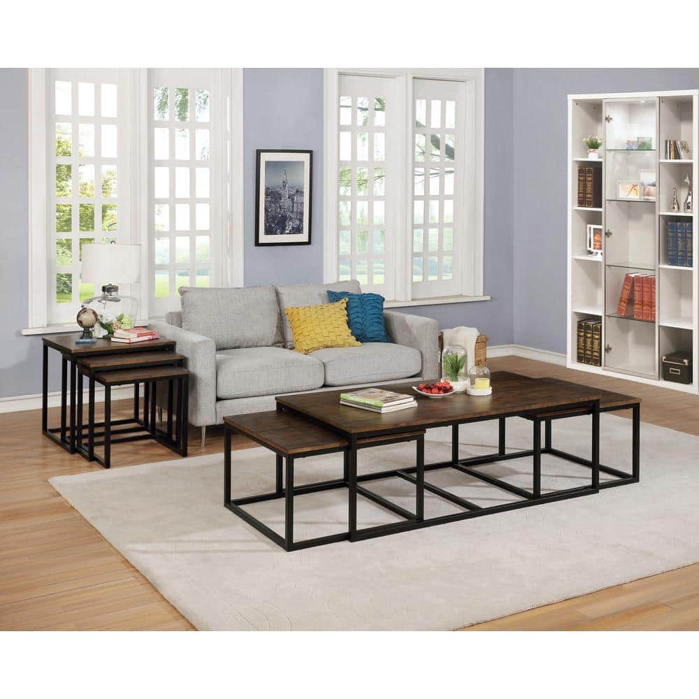 Arcadia Antiqued Mocha 54" Square Wood & Metal Nesting Coffee Table