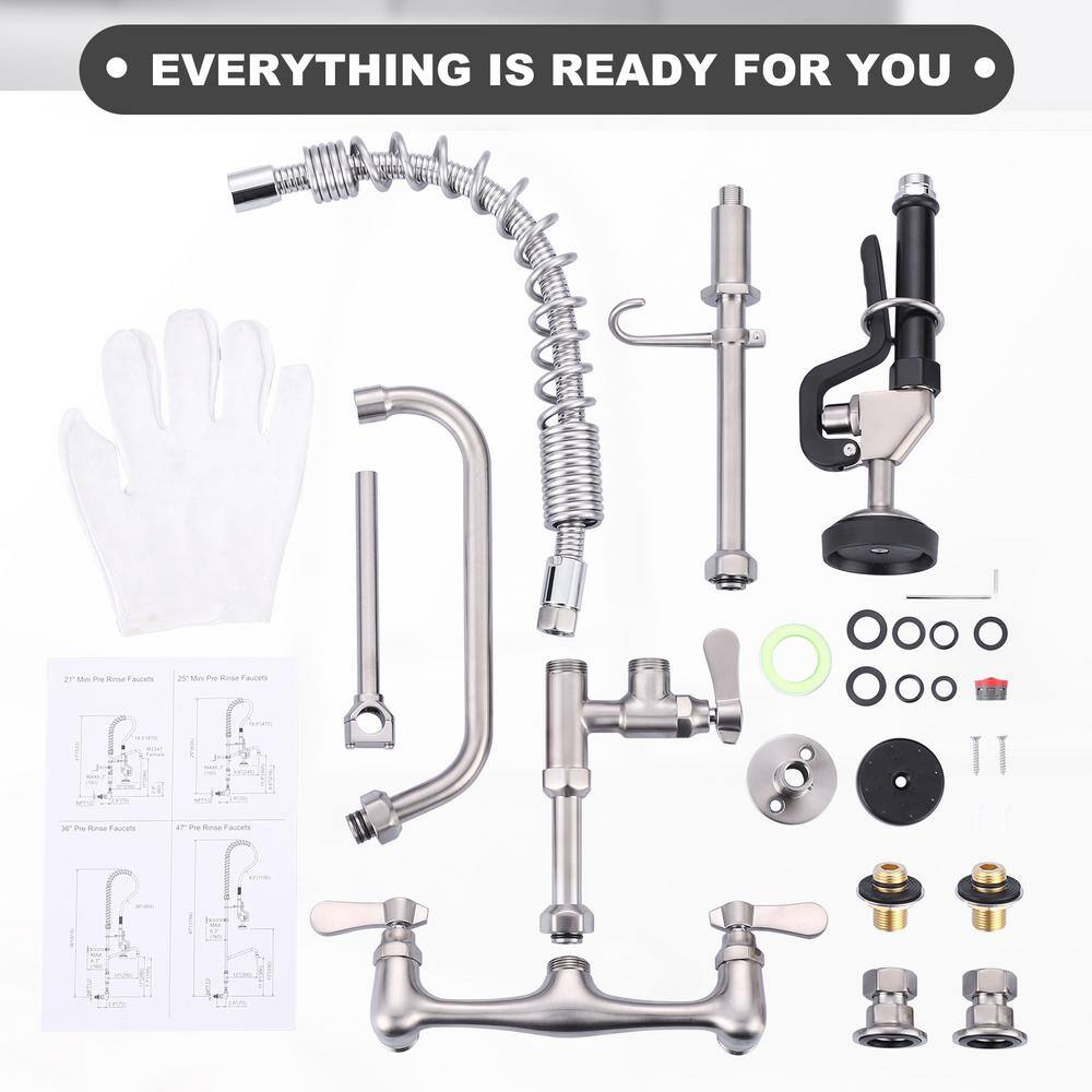 Brushed Nickel Wall Mount Commercial Kitchen Faucet with Pull Down Spray
