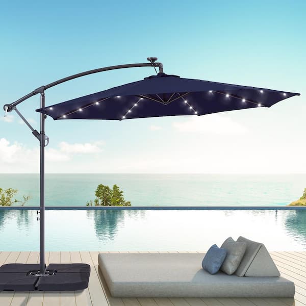 JOYESERY 10 ft. Patio Offset Solar LED Umbrellas 50 Plus UV Protection Cantilever Outside Umbrellas, Navy Blue