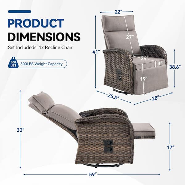 Brown 1-Piece Wicker Outdoor Recliner with Olefin Beige Cushions and Flat Armrests Patio Swivel Chairs