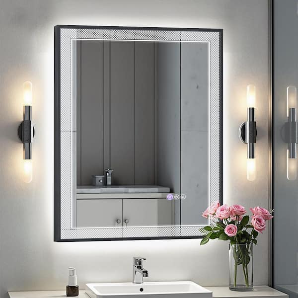 Nafissa 32 in. W x 24 in. H Large Rectangular Framed Vanity Mirror Black Anti-Fog Dimmable LED Vanity Lighting