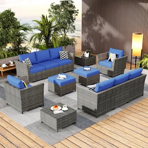 Cascade Gray 12-Piece Wicker Outdoor Sectional Set with Navy Blue Cushions