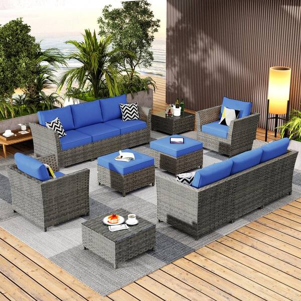 XIZZI Cascade Gray 12-Piece Wicker Outdoor Sectional Set with Navy Blue ...