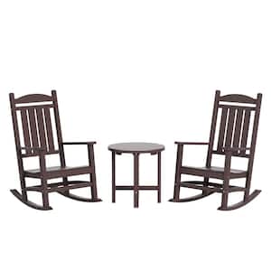 Laguna 3-Piece Classic Outdoor Patio Fade Resistant Plastic Rocking Chairs and Round  Side Table Set in Dark Brown