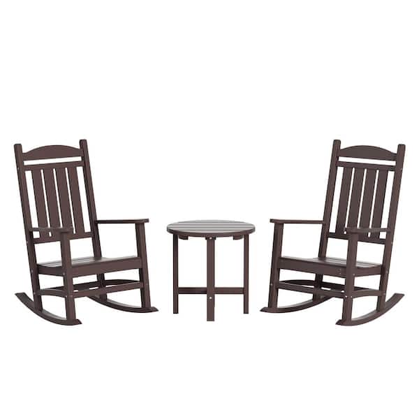 Laguna 3-Piece Classic Outdoor Patio Fade Resistant Plastic Rocking Chairs and Round Side Table Set in Dark Brown