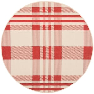 Courtyard Red/Bone 4 ft. x 4 ft. Plaid Indoor/Outdoor Patio  Round Area Rug