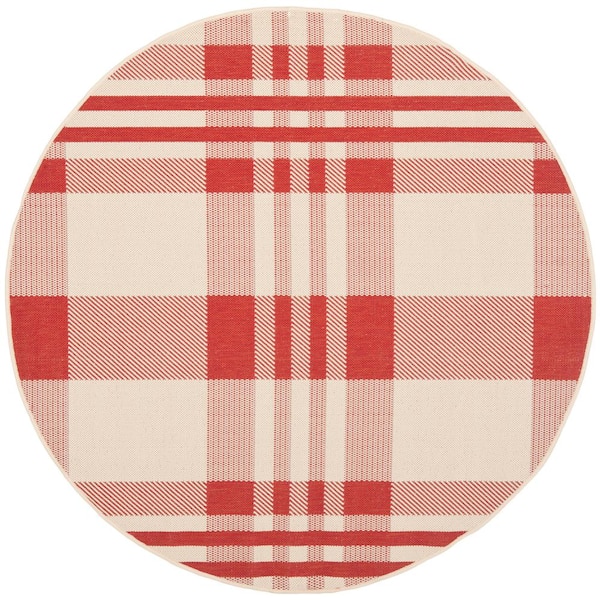 SAFAVIEH Courtyard Red/Bone 5 ft. x 5 ft. Round Striped Indoor/Outdoor Patio  Area Rug