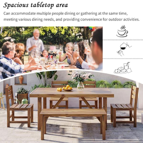 Natural Wood 6-Piece Outdoor Garden Dining Set with Sturdy 4 Natural Single Chairs, Bench and Table