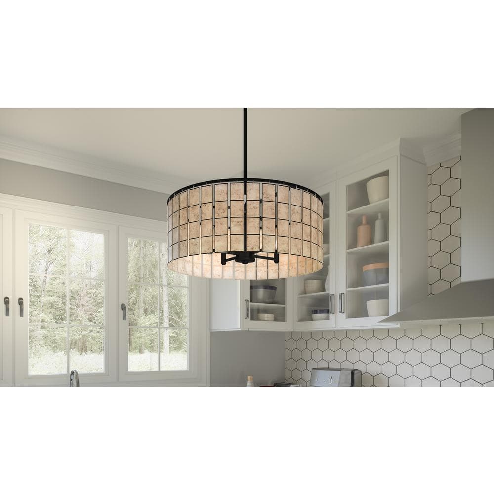 Matte Black Glass Drum Pendant Light with Amber Shade