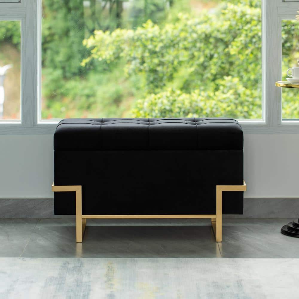 Elegant Black Velvet Storage Ottoman with Golden Metal Legs