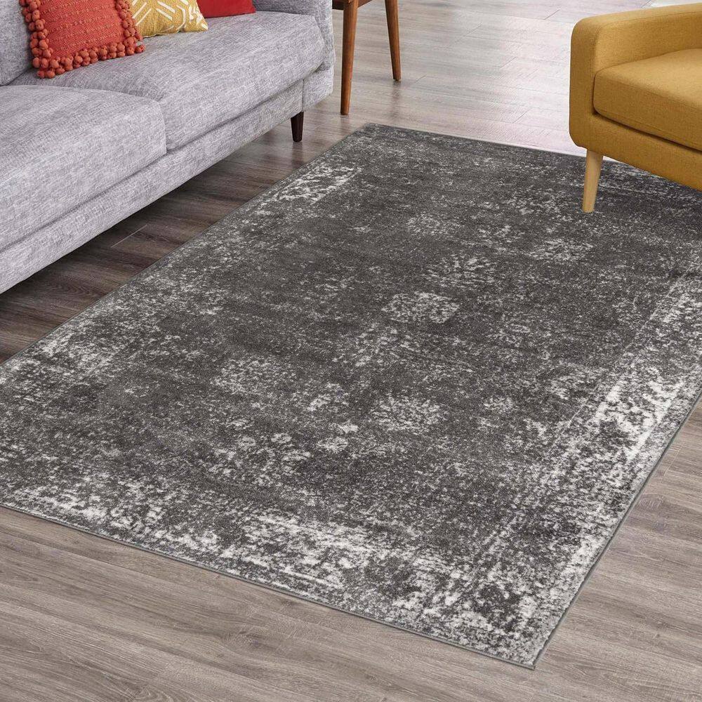 Dark Gray Floral Motif Low Pile Area Rug