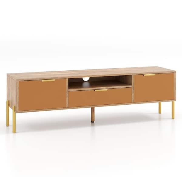 ANGELES HOME 58 in. W Natural TV Stand Modern Cabinet Fits TV's up to 65 in. with Spacious Tabletop and 2-Storage Cabinets