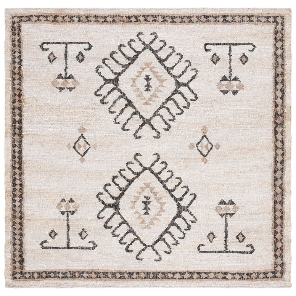 Bohemian Nomad Black & Ivory Handwoven Kilim Square Rug - 7'