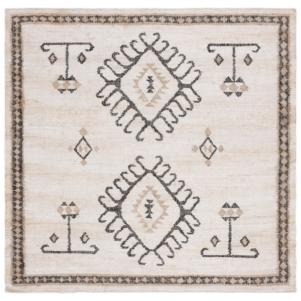 Kilim 9 ft. x 9 ft. Square Ivory/Black Ornamental Border Area Rug