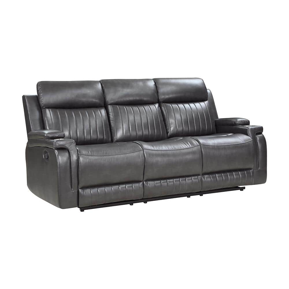 Gray Faux Leather Reclining Sofa with Cup Holders