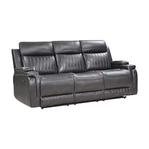 Wise 82 in. W Pillow Top Arm Faux Leather Rectangle Manual Double Reclining Sofa with Drop-Down Cup Holder in. Dark Gray