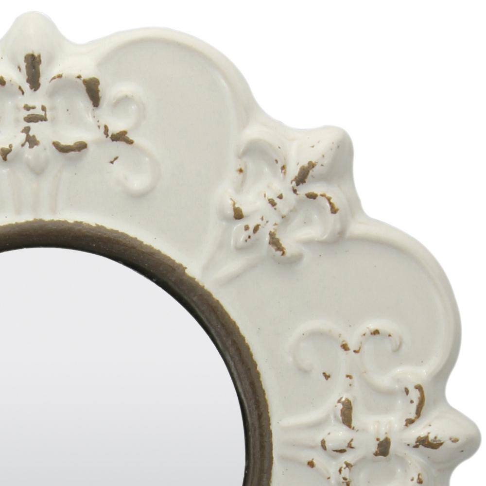 Antique White 8" Round Ceramic Fleur de Lis Wall Mirror