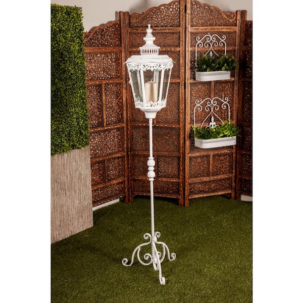 Litton Lane 66 in. H White Metal Standing Decorative Candle Lantern