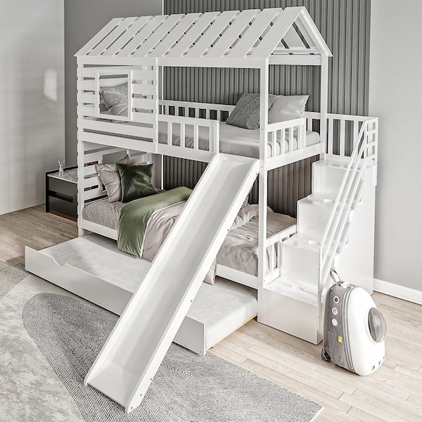 Qualler White Twin Over Twin House Bunk Bed With Trundle And Slide ...