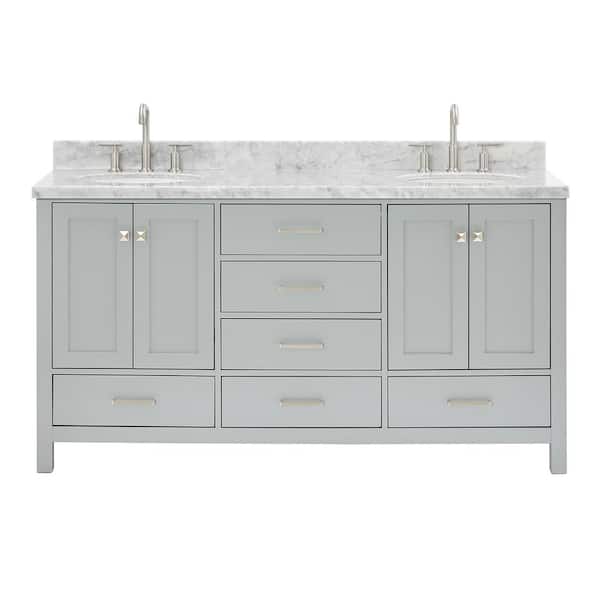 Cambridge 66 in. Double Sink Freestanding Bathroom Vanity in Gray with Carrara White Marble Top