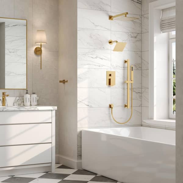 3 in. 1 Square, Showers with Valve 3-Spray Dual Wall Mount 10 in. Fixed and Handheld Shower Head 2.5 GPM in Brushed Gold