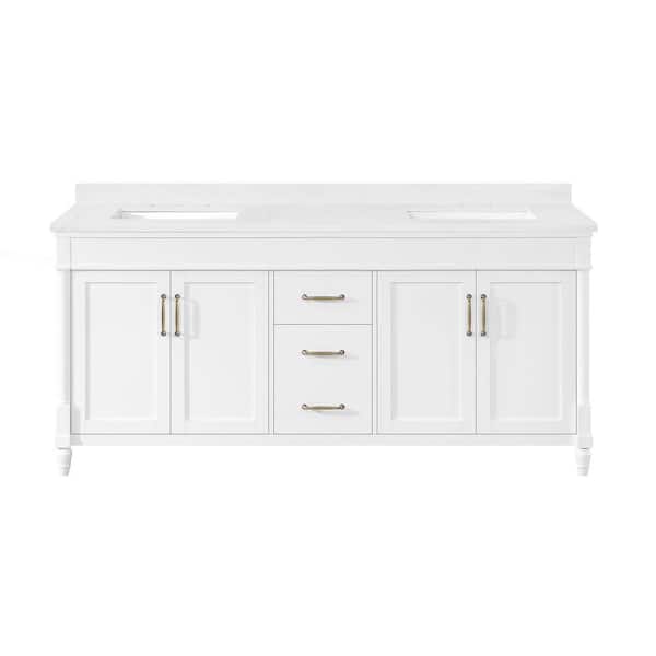 Salisbury 72 in. Double Sink Pure White Bath Vanity with White Engineered Marble Top (Assembled)