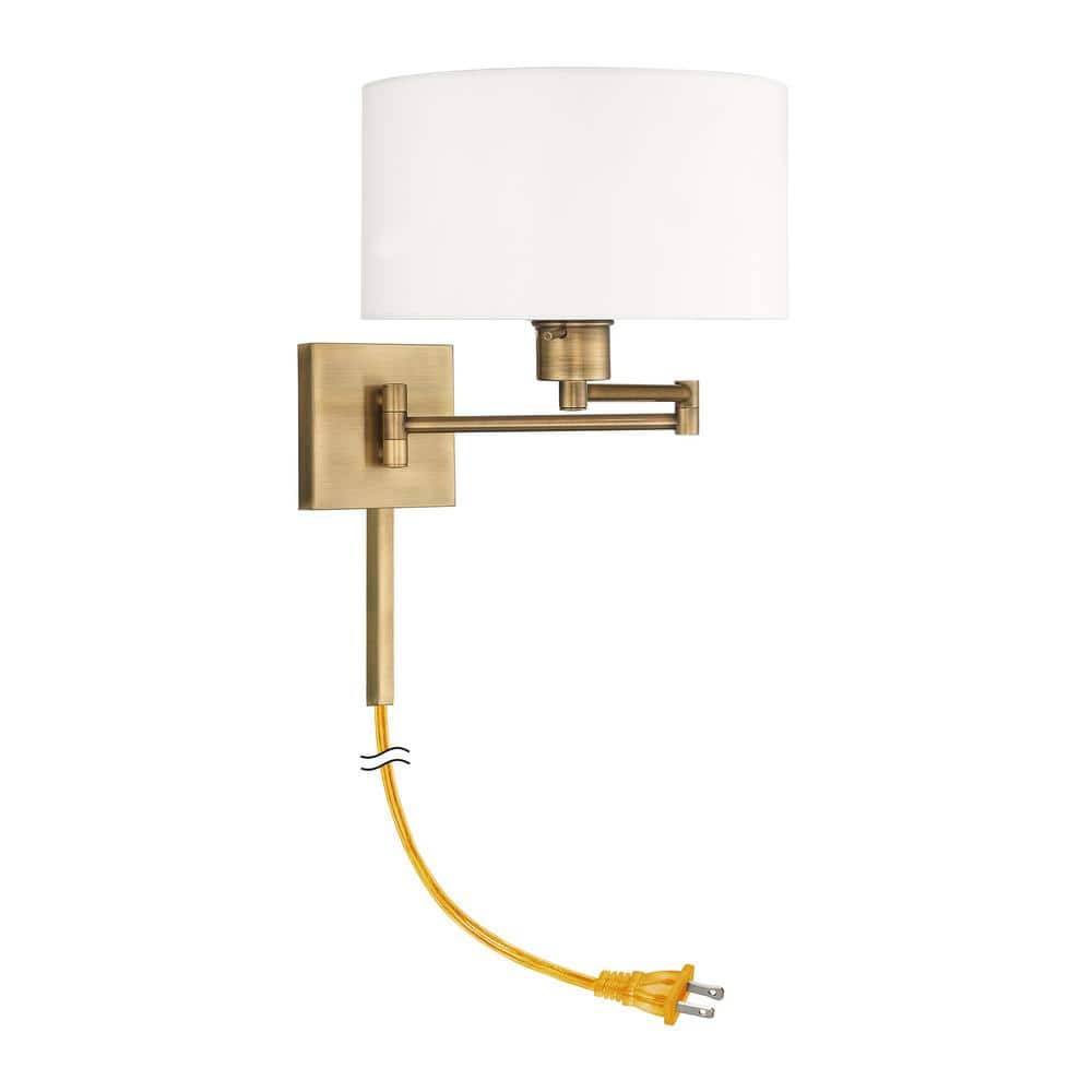 Antique Brass Swing Arm Wall Lamp with Off-White Fabric Shade