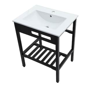 24 in. White Rectangular Ceramic Bathroom Console Sink with Metal Leg