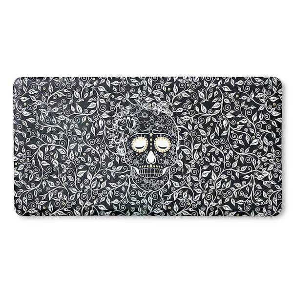 20 in. x 55 in. Black and White Skull & Vine Floral Sugar Skull Anti Fatigue Indoor Kitchen Mat