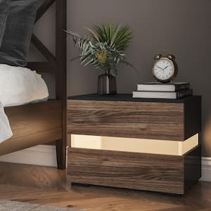 LED 2-Drawer Brown&Black Nightstand 17.72 in. H x 23.62 in. W x 15.35 in. D