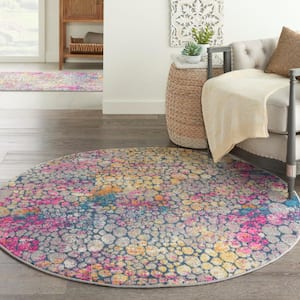 Passion Yellow/Multicolor 4 ft. x 4 ft. Persian Modern Round Area Rug