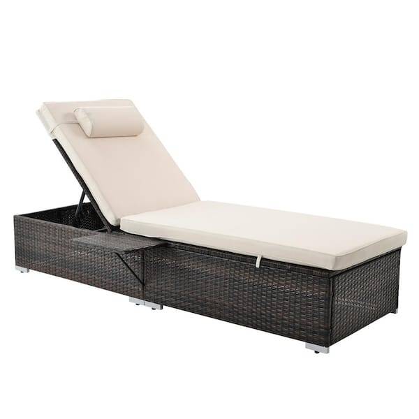Unbranded 2 Piece Brown Wicker Outdoor Chaise Lounge recliner chair with side table Beige Cushion and Adjustable backrest