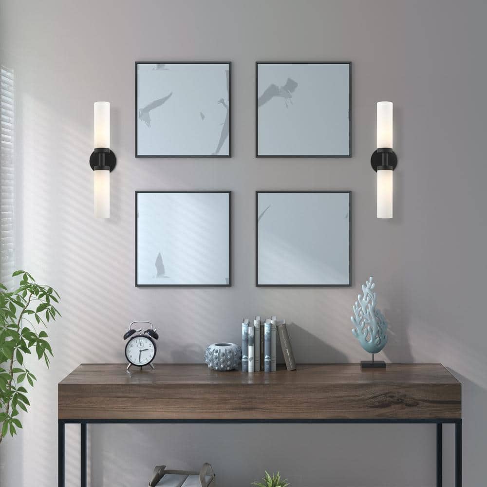 Black Steel 2-Light Vanity with Satin Opal Glass