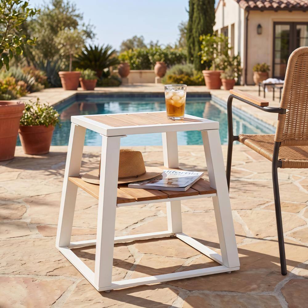 Outdoor 2-Tier Acacia Wood End Table with White Iron Frame, Weather-Resistant Patio Side Table with Storage Shelf, Teak