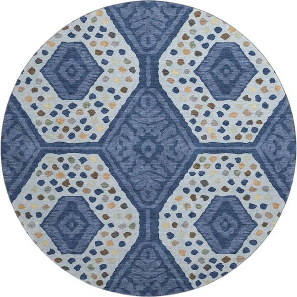 Mayfield Premium Machine Washable Abstract AMF2457 Navy 8 ft. x 8 ft. Round Rug